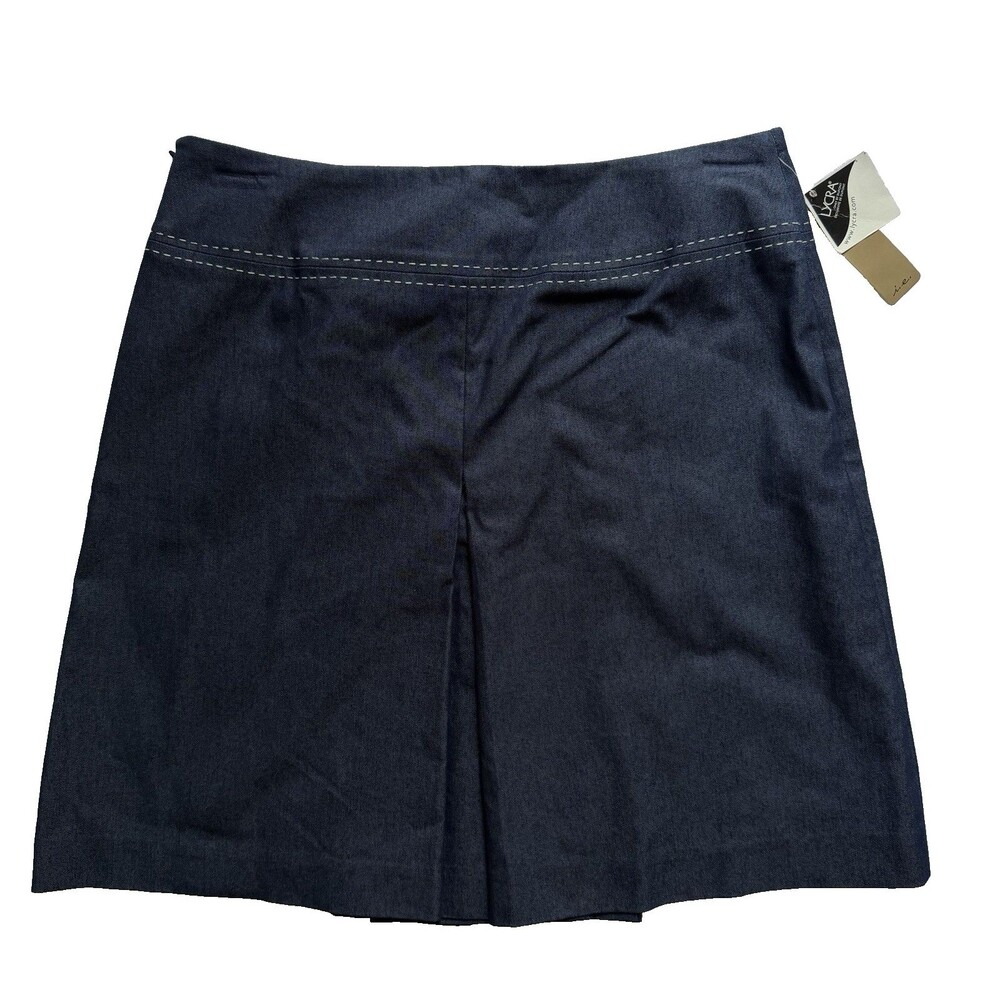 Vintage Y2K Denim Skirt Womens 12 Dark Wash Preppy Stitch Blue Jean Pleated